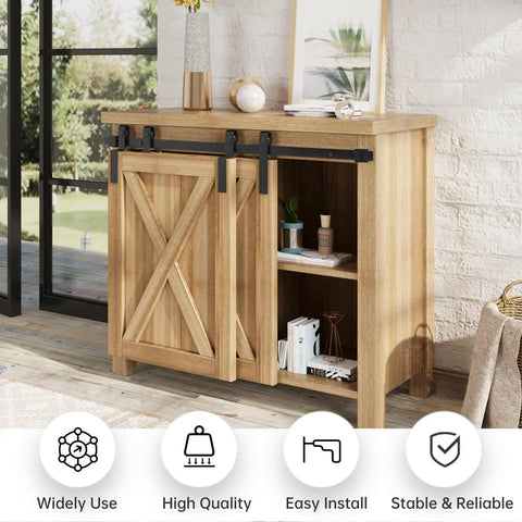 Heavy Duty 3 Ft Mini Cabinet Bypass Double Sliding Barn Door Hardware Track Kit Featuring Whisper Quiet Roller Wheels And Rock Solid Carbon Steel Construction With Rust Resistant Black Finish For Super Quick DIY Setup On TVs Windows Or Storage Boxes, wooden cabinet with sliding doors.