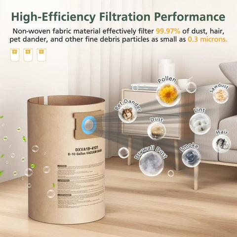 12 Pack Vacuum Bags For 6 To 10 Gallon Wet Dry Shop Vacuums No Fuss Heavy Duty Replacement Disposable Filter Bags in living room setup