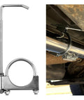 Heavy Duty 2.5 Inch Exhaust Hanger with 360 Degree Adjustable Muffler Hanger Clamp shown installed on car exhaust pipe