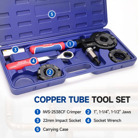 Heavy Duty Copper Pipe Press Tool For 1 Inch 1 25 And 1 5 Fittings dual drive crimper set in blue carrying case.
