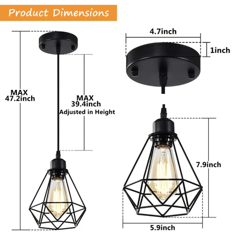 Black Pendant Lights 2 Pack Farmhouse Industrial Metal Cage Ceiling Fixtures Adjustable Hanging Lights dimensions