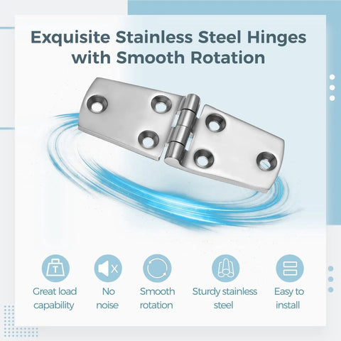 Beefy Marine Grade 316 Stainless Steel Boat Hatch Hinges 4 x 1.5 Inches with smooth rotation and screws shown