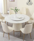 Top Shelf 7 Piece Round Marble Dining Table Set Featuring An Easy Glide Lazy Susan Turntable Accompanied By Six Comfy Cream White Upholstered Chairs