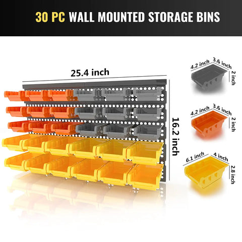 Garage Organizer Bins 30 Piece Wall Mount Storage Kit With Pegboard And Screws showing bin dimensions and colors