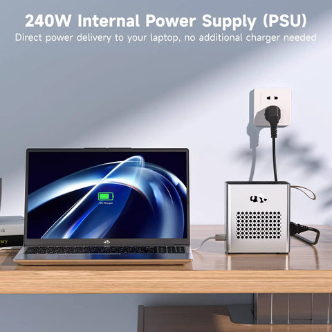 Premium External Graphics Docking Station With AMD Radeon RX 7600M XT 8GB GDDR6 And 120W TGP charging a laptop on a wooden desk.