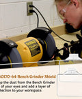 Top Tier Clear Safety Shield For Bench Grinders, Knockout Replacement Eye Guard Fits Dw758 Type 2 Models, Badass Impact Proof Workshop Gear That Looks Slick And Saves Your Eyes 5140170-64, worker using a bench grinder with sparks.