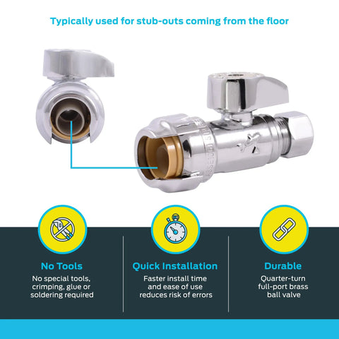 Brass Push Straight Stop Valve One Half Inch By Three Eighths Inch Compression Quarter Turn Push To Connect Plumbing Fitting For PEX Copper CPVC PERT HDPE And Other Fixtures
