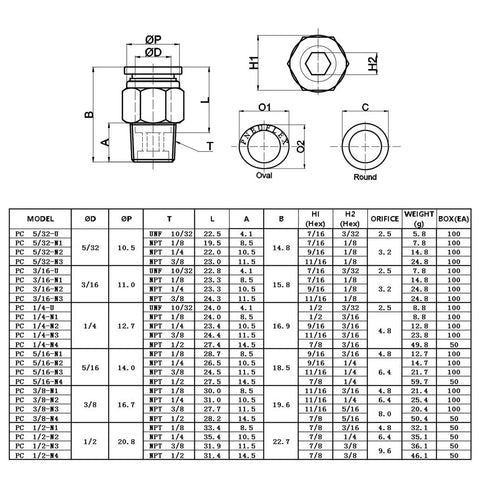 Technical diagram and specifications of 5/16 Inch Push To Connect Pneumatic Fittings 1/4 Inch NPT Male Threads, 5 Pack details.
