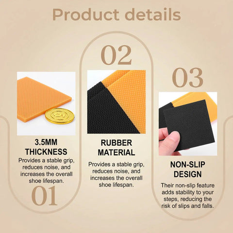 Close-up of product details showing 3.5mm thickness, rubber material, and non-slip design for 4 Pack Boot Heel Patches And Sole Repair Caps Non Slip Rubber Heel Caps For Boots And High Heels Square Soles Tread Pads 2.44 X 2.44 Inches Black Nude Grip And Stability Boost.