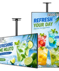 Heavy Duty 4K Ceiling Mounted Digital Signage Board Packed With Beefy 2500 Nits Brightness To Keep Retail Displays Looking Dang Crisp Even When Blazing Sunlight Hits The Glass Head On showcasing vibrant drink ads.