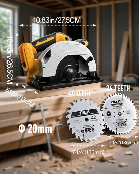 Seven And One Fourth Inch Brushless Cordless Circular Saw Heavy Duty Beast With Two Premium Blades And Rip Fence Guide Compatible With DeWalt 20v Max Battery Tool Only, showcasing the saw and blades.