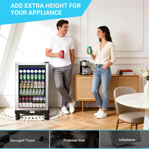 Universal Raised Appliance Stand with Adjustable Base and Four Heavy Duty Feet Multi Functional Pedestal for Refrigerator Washer and Dryer Easy Assembly No Fuss Black Finish supporting a mini fridge in living room
