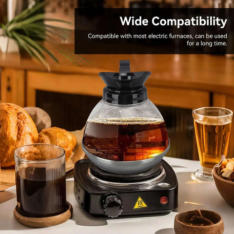 Universal Coffee Pot Replacement Carafe With Tight Fit Spout And Black Grip For Commercial And Home Use on stove
