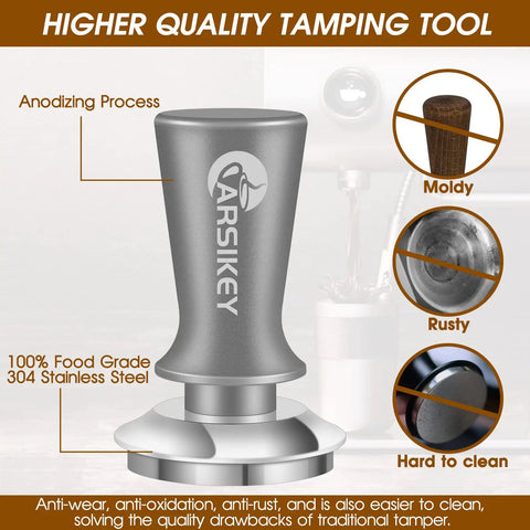 51mm Espresso Tamper With Calibrated Spring Loaded Mechanism featuring stainless steel ripple base and anodizing details