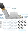 Beefed Up Aluminum Oil Filter Housing With Integrated Oil Cooler For 3.6L V6 Engines, showing parts and sensors