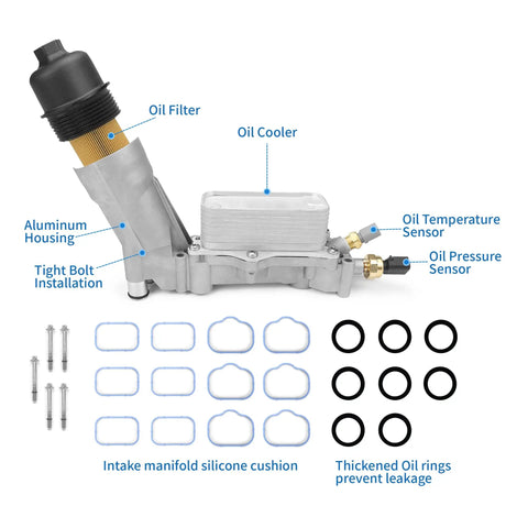 Beefed Up Aluminum Oil Filter Housing With Integrated Oil Cooler For 3.6L V6 Engines, showing parts and sensors