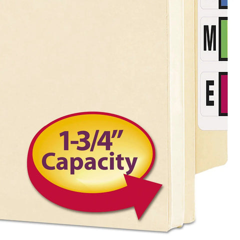 Legit Solid Manila End Tab Folders With Reinforced Straight Tabs And One Point Seven Five Inch Expansion Holds Up To Two Hundred Sheets Letter Size 25 Pack showing capacity label.