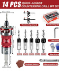 14 Piece Countersink Drill Bit Set With Self Locking Quick Adjust Depth Tct Steel Hss Bits Heavy Duty Design with clamps and accessories.