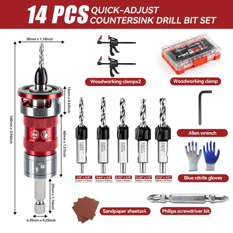 14 Piece Countersink Drill Bit Set With Self Locking Quick Adjust Depth Tct Steel Hss Bits Heavy Duty Design with clamps and accessories.