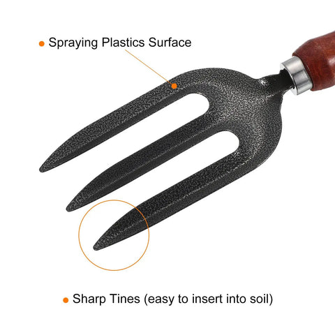 10.6 Inch Three Tine Hand Gardening Fork Set Of Three For Weeding Transplanting Loosening Soil And Planting Durable Carbon Steel Thickened Hardened Digging Pitch Fork close-up of tines