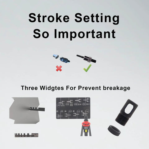 Diagram showing stroke setting importance with rivet nut tool components for Pro Grade Rivet Nut Tool Kit with Sixteen Inch Gun.