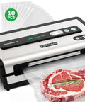 Automatic Vacuum Sealer For Food With Hands Free Operation And Built In Cutter And Roll Storage, sealing steak in bag