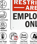 Restricted Area Employees Only Aluminum Sign 7 By 10 Inches Weatherproof Heavy Duty 40 Mil Rust Free Outdoor Sign With Rounded Corners And Safe Handling, close-up of corner