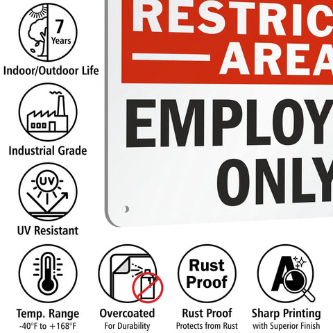 Restricted Area Employees Only Aluminum Sign 7 By 10 Inches Weatherproof Heavy Duty 40 Mil Rust Free Outdoor Sign With Rounded Corners And Safe Handling, close-up of corner