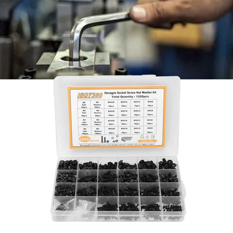 Close-up of 1220 Pcs Screw Nut Washer Kit in Carbon Steel M2 M3 M4 M5 with 8 12 16 20mm screws in open storage box