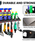 Multipurpose Wall Mounted Spray Can And Air Tool Organizer Rack With Five Can Slots And Six Tool Holders For Garage Or Shop Use