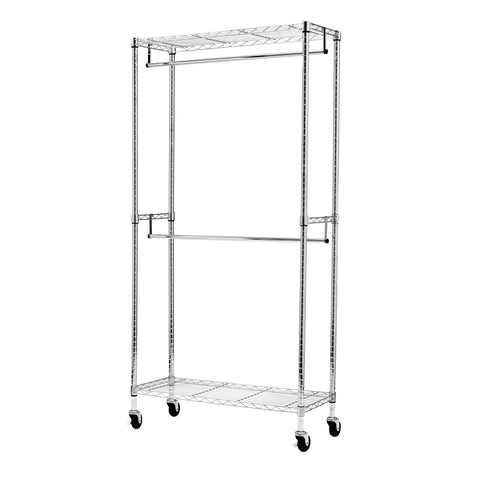 Heavy Duty Chrome Rolling Clothes Rack With Double Hanging Rods And Adjustable Swing Arms Super Roomy Closet Organizer That Rolls Smooth To Keep Your Wardrobe Tidy And Stress Free