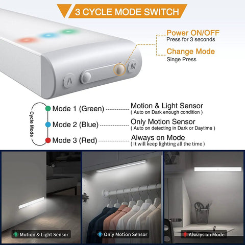 Under Cabinet Light Kit With 80 LED Wireless Puck Lights Dimmable 3000mAh Battery Motion And Night Sensor Stick On Anywhere Night Safe Lighting For Kitchen Hallway Pantry Two Pack showing 3 cycle mode switch and sensor options