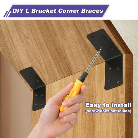 20 Pack Heavy Duty Steel L Brackets 3x3x1.5 Inch Black Powder Coated installed on wood corner with screwdriver