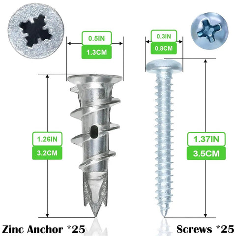 Drywall Anchor Kit With Self Drilling Screws DIY Friendly Zinc Alloy Wall Fasteners Yellow Zinc Plated Carbon Steel Rust Resistant Self Tapping Anchors No Prep Install Easy Mount For Shelves Picture Frames And TV Mounts, 25-pack, 3.2cm anchor and 3.5cm screw