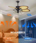 52 Inch Tropical Ceiling Fan With Light And Remote Control Palm Leaf Blades With 5 Glass Lampshades in a reversible room setting.