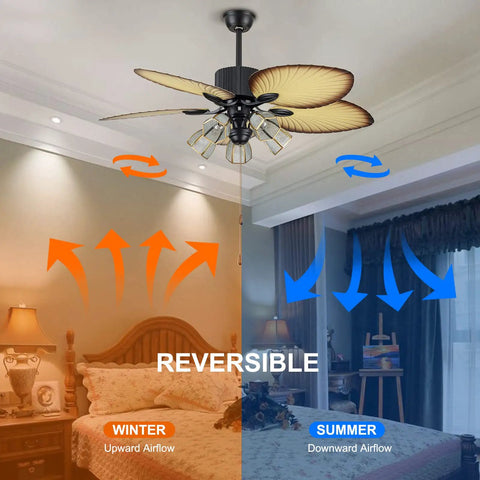 52 Inch Tropical Ceiling Fan With Light And Remote Control Palm Leaf Blades With 5 Glass Lampshades in a reversible room setting.