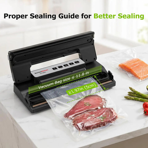 Powerful Vacuum Sealer For Food With Automatic Mode sealing steak and salmon on a marble kitchen counter