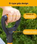 Close-up of Heavy Duty Digging Shovel With Trenching Blade And D Handle Fiberglass Grip For Yard Work, showing D-type grip design.