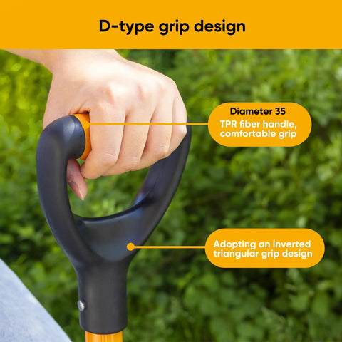 Close-up of Heavy Duty Digging Shovel With Trenching Blade And D Handle Fiberglass Grip For Yard Work, showing D-type grip design.