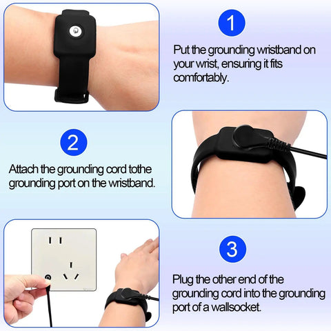 Guide showing steps to use Go To ESD Wrist Strap And Grounding Cord Bundle With 3.5mm Snap And 3m Cable for electronics repair.