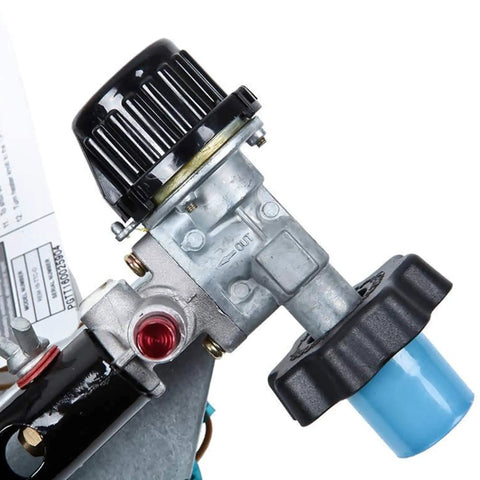Close-up of control valve on Powerful 32,000 BTU LP Propane Tank Top Heater with Dual Heads for safety and heat adjustment.