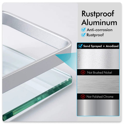 Rustproof aluminum bracket and tempered glass detail for floating glass shelves for bathroom.