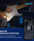 Mini 5W Electric Guitar Amp With Bluetooth in use with guitar, shown with smartphone app, portable practice amplifier