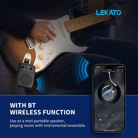 Mini 5W Electric Guitar Amp With Bluetooth in use with guitar, shown with smartphone app, portable practice amplifier