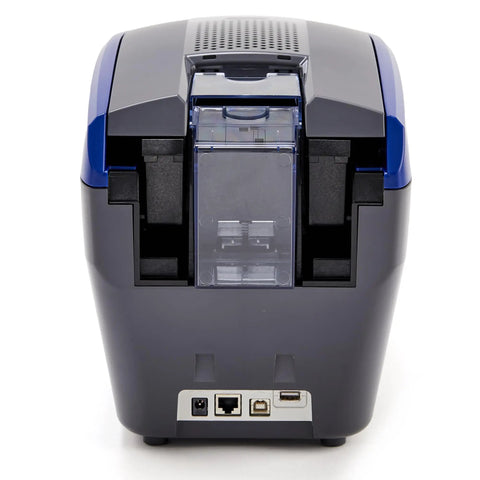 Dual Sided ID Card Printer Delivering Automatic Feeding For No Stress Badge Creation And Totally Legit Pro Prints rear view with connectivity ports.
