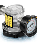 Manual air relief valve with pressure gauge for pool filters; chrome metal body with black gauge bezel, front view.