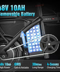 Electric Folding Bike For Adults And Teens with 48V 10AH removable battery detail, showcasing electric power and charge capacity.