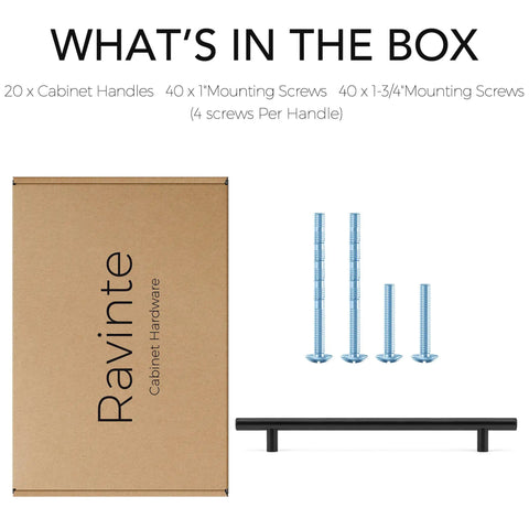 Matte Black 10 Inch Cabinet Handles Set Of 20 Stainless Steel Drawer Pulls, packaging box, screws, handle displayed