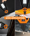 Four views of Quarter Inch Pop Rivet Gun Kit with 210 Blind Rivets and Five Tool Free Interchangeable Heads for metal and automotive work
