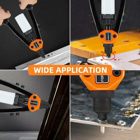 Four views of Quarter Inch Pop Rivet Gun Kit with 210 Blind Rivets and Five Tool Free Interchangeable Heads for metal and automotive work